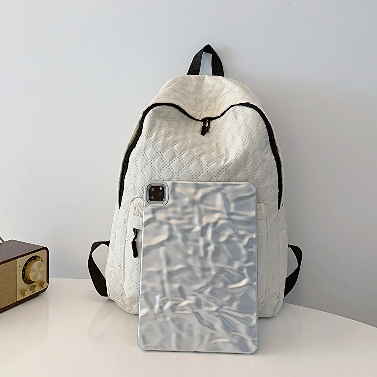 Stylish Simple Zipper Clre Solid Color Rhombus Backpack 240906