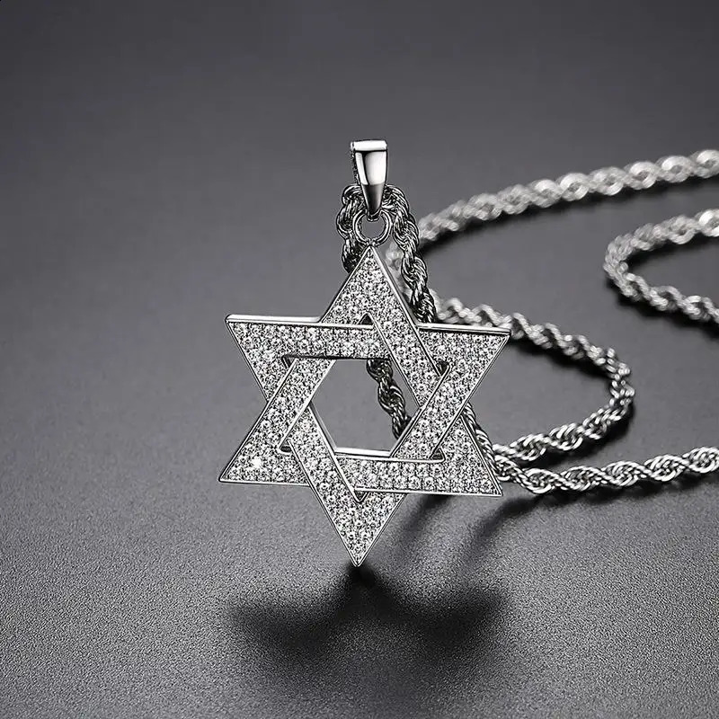 Hip hop mens gold gold-plated jewelry micro spread ice out Cz stone star David pendant hexagonal Israeli Jewish necklace 240906
