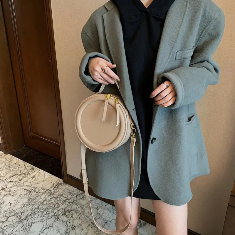 Solid color Crossbody Bag For Women Round Small Handbag Fashion Bags Leather Shoulder Female Zipper Purses 240906
