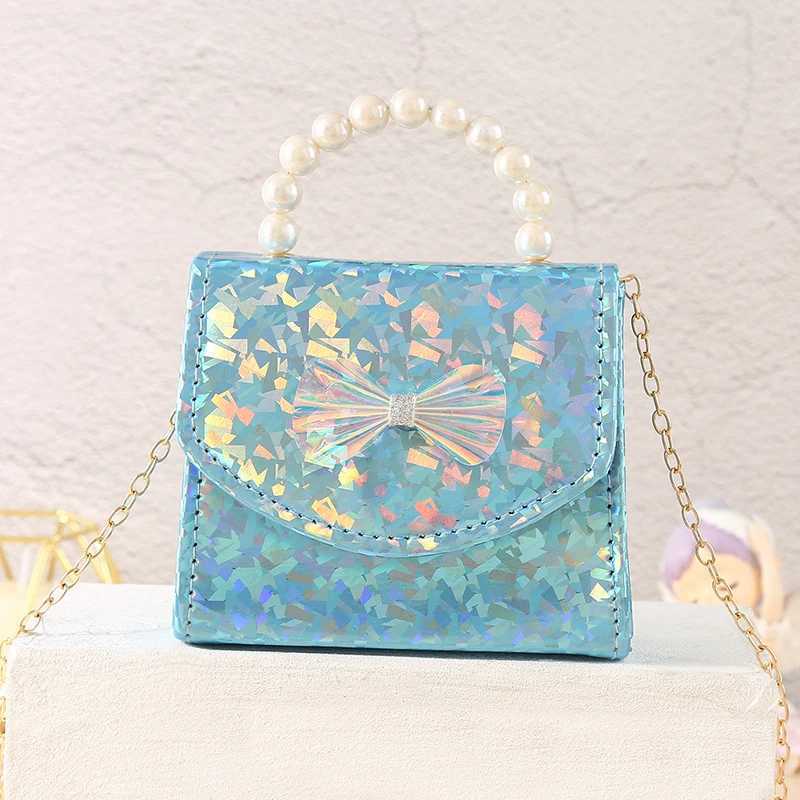 Childrens little perfume new bag lovely princess shoulder bag glittering sequins backpack bow handbag pearl girl cross body bag W240906