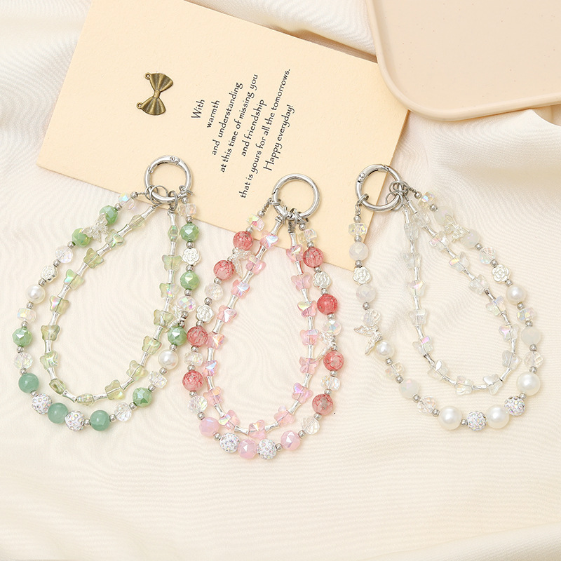 Luxury and high-end dual chain mobile phone lanyard, crystal butterfly bead pendant, luggage, keychain, hanging accessories