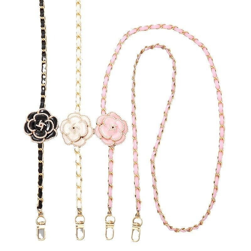 Korean version of Xiaoxiangfeng pearl camellia crossbody leather hanging rope anti drop phone chain small gift for women