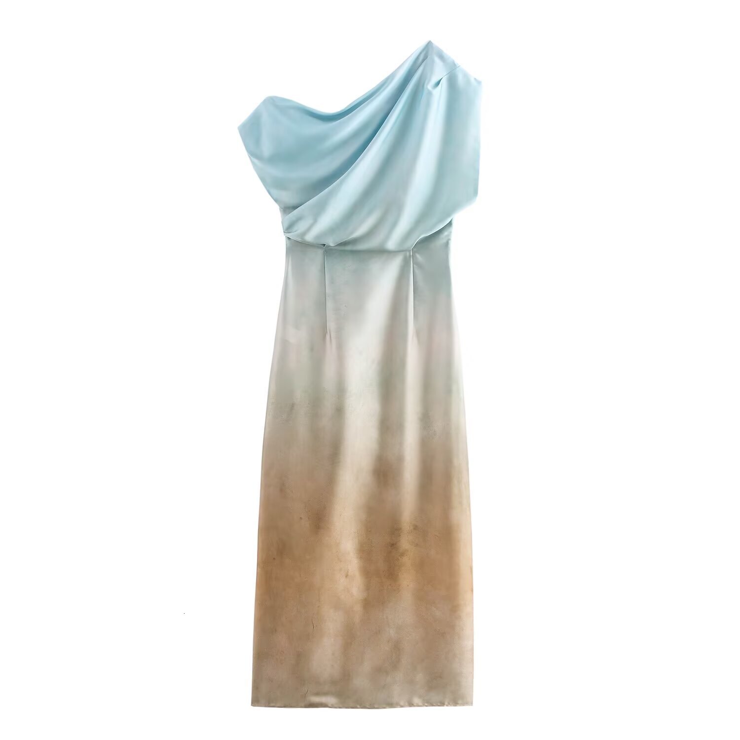 Autumn Print Style Womens Shoulder Dress Silk Satin Fashion Flower Texture Single Asymmetric