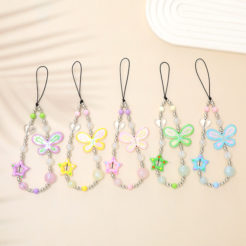 drawn Butterfly Chain Candy Color Phone Hanging Beaded Hand Rope Anti fall Wrist Strap Small Gift for Women