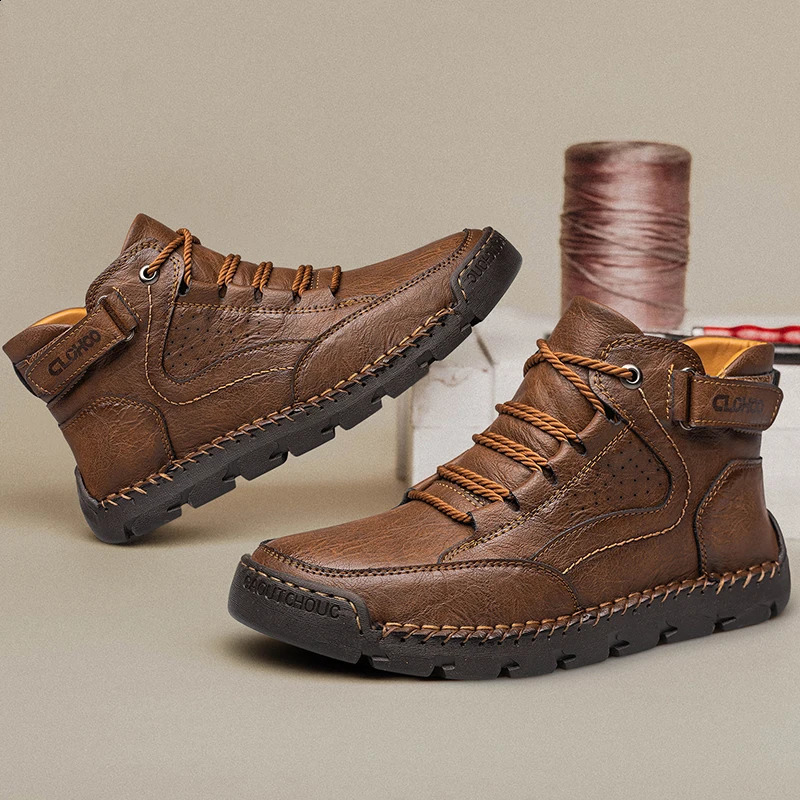 CLOHOO mens PU leather hiking shoes outdoor non slip walking winter sports ankle boots soft sole lace up platform 240907