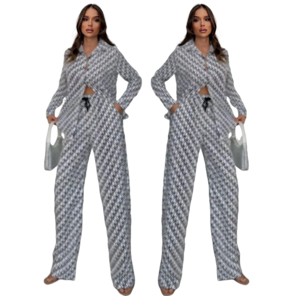 Designer Print Two Piece Sets Outfits Women Casual Shirt and Wide Leg Pants Set Free Ship