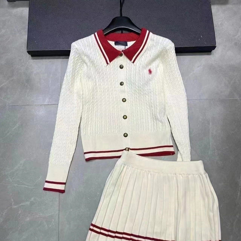 Woman Two Piece Designers Pleated Skirt Knits Suits Womens Clothing College Style Knit Polo Top Skirts Sets -8 Classic Set DPD24090513