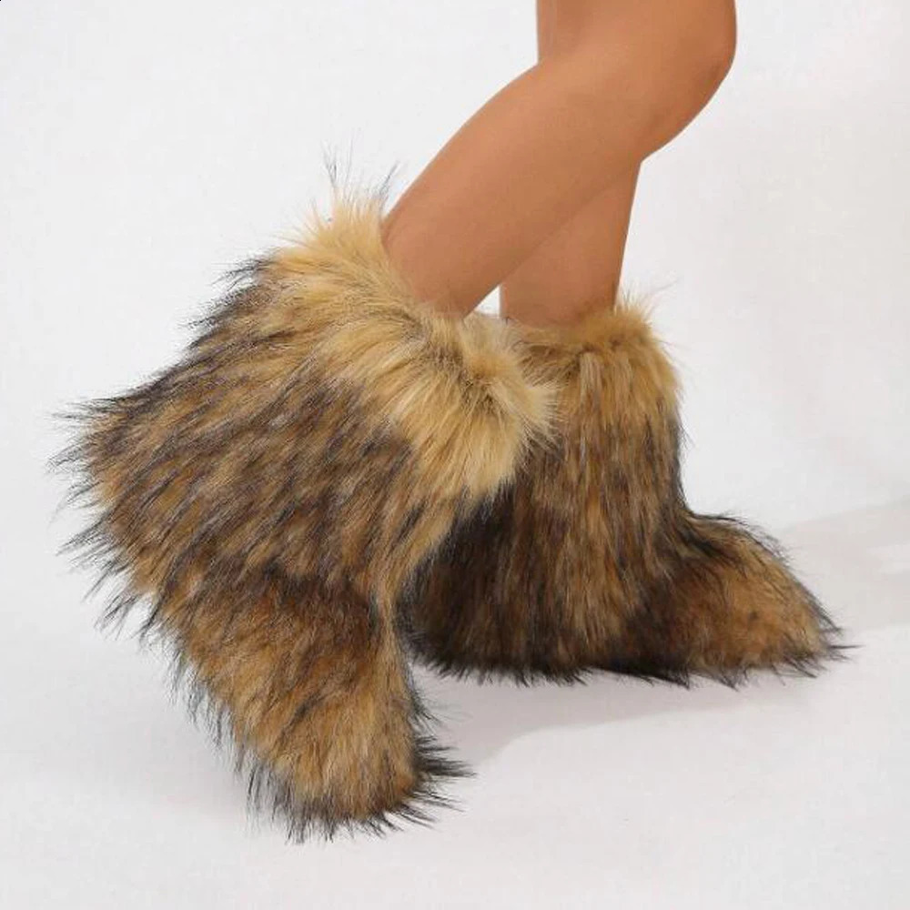Womens winter fluffy faux fur mid calf snow boots Y2K fashionable warm womens shoes outdoor 240907