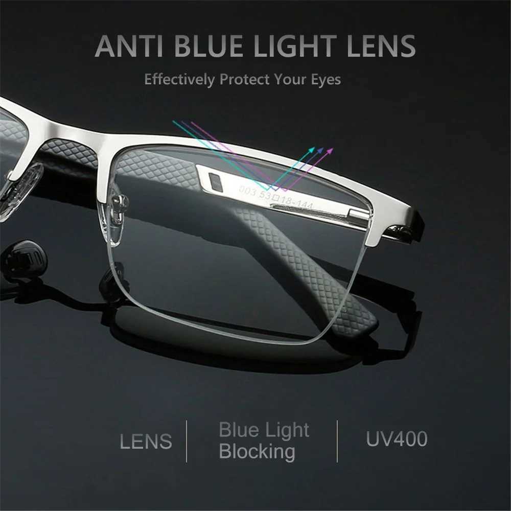 Fashionable Business Mens Reading Glasses HD Anti Blue Light Lens Reader Glasses Classic Metal Half Frame Glasses W240906