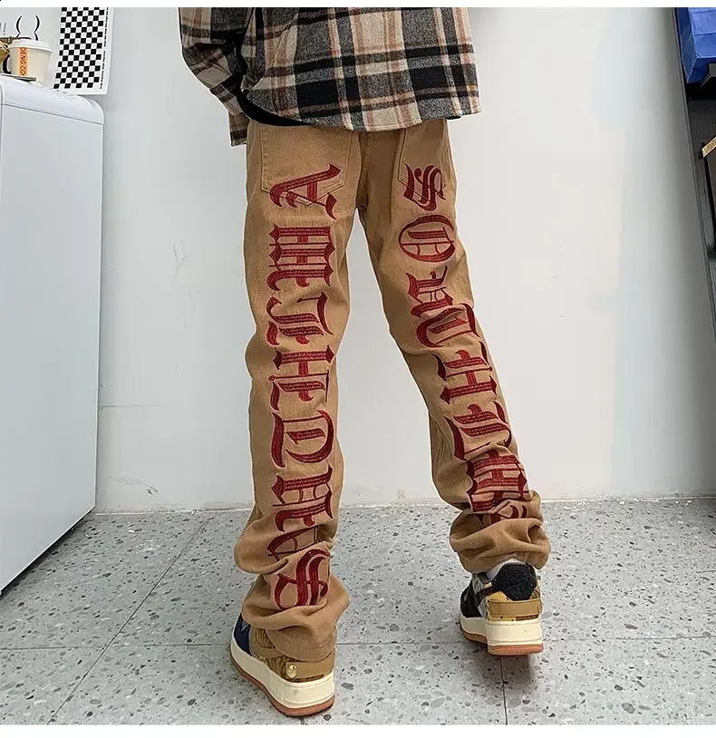 Embroidered straight jeans American style street small straight loose high street trousers trendy men and women 240905