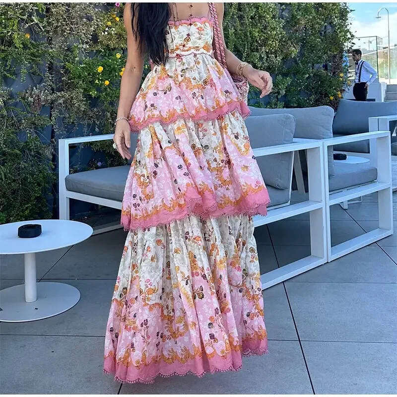 2024 Women's Dress Personalized Street Ruffle Printed Cake Sleeveless Backless Strap Skirt 8