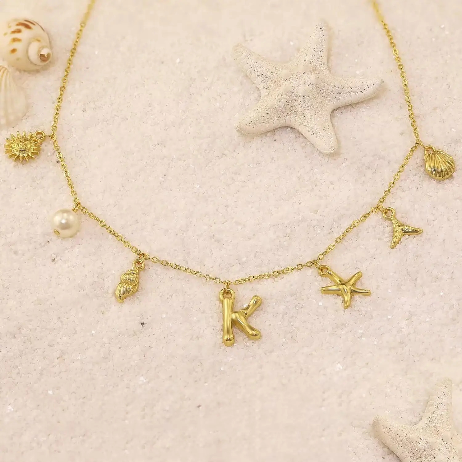 Surfer Girl Necklace Beach Jewelry Initial Necklace Girlfriend Seashell Letter Choker Womens Gift Starfish Pearl Accesorios 240906