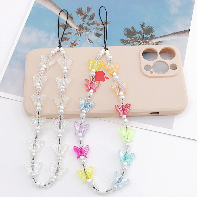 Yilian's new imitation pearl chain, colorful butterfly anti loss key rope, phone case accessories, hanging ornaments, female accessories