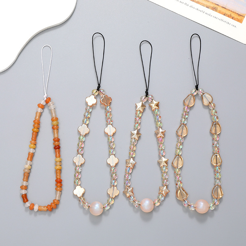 New Four Leaf Clover Crystal Beaded Phone Chain DIY Phone Case Hanging Rope Short Wrist Strap Anti Loss Chain