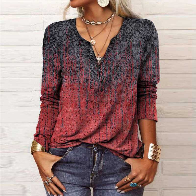 2024 Autumn and Winter New Womens Long Sleeve Printed Ethnic Fashion T-shirt Women