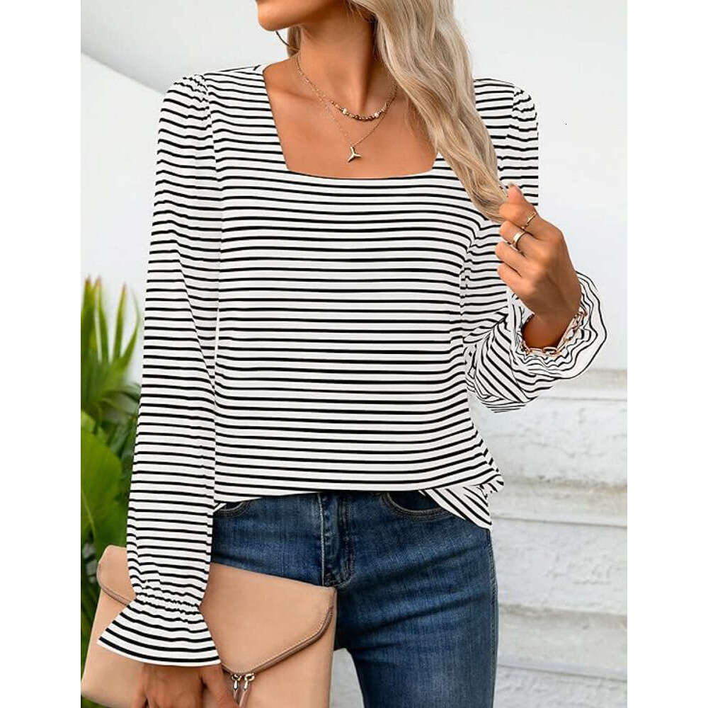 2024 womens autumn and winter new item square collar striped ruffle edge long sleeved T-shirt for women