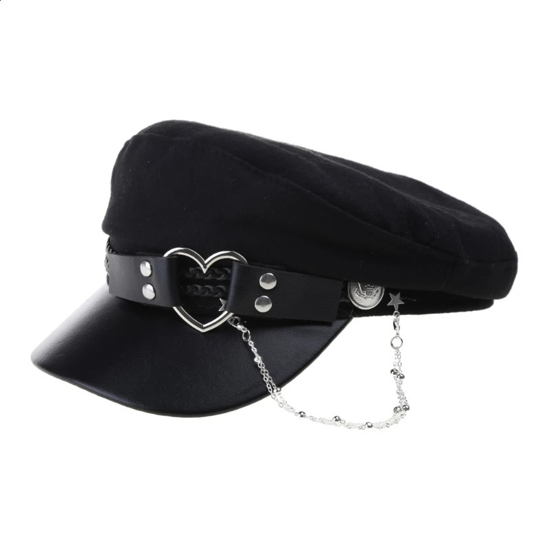 Lolita Girls Felt Beret Cap with Love Heart Buckle Belt Womens Fashion Tassel Chain Octagonal Hat Adult Party Role Playing Hat 240829