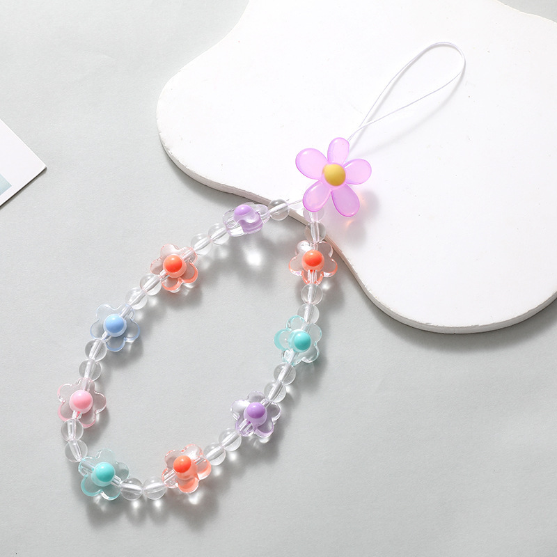 Acrylic flower chain bead mobile phone hanging anti fall wrist strap short hand rope for women