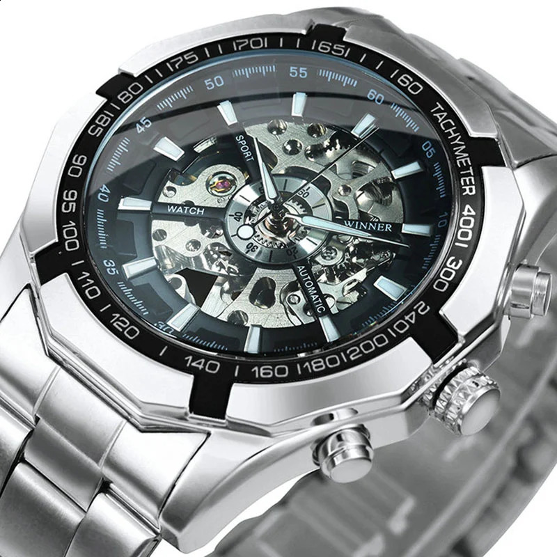 Winner Watch Men Skeleton Watches Stainless Steel Band Automatic Mechanical Wristwatches Men Reloj Hombre Relogio Masculino 240906