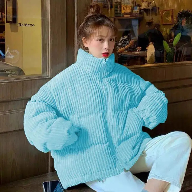 Winter Thicken Warm Jacket Women Korean Stand Collar Corduroy Parkas Female Pink Blue CottonPadded Short Coats 240907