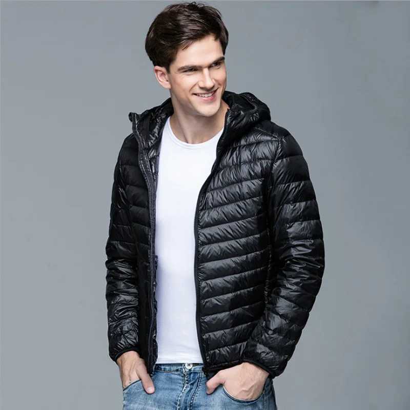 Mens fluffy winter coat fashionable hooded duck down jacket ultra light inflatable down jacket portable ultra-thin feather filled park 5XL 6XL W240906