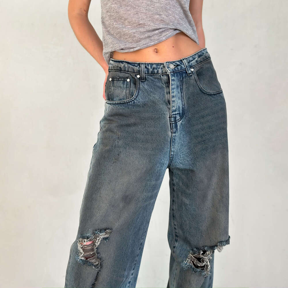 Cut through personalized denim pants, ripped holes, tassels, blue straight leg, loose jeans, street style, rebellious mom, fighting clothing