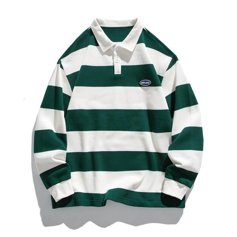 Men Striped Print Letter Patched Polo Neck Sweatshirt