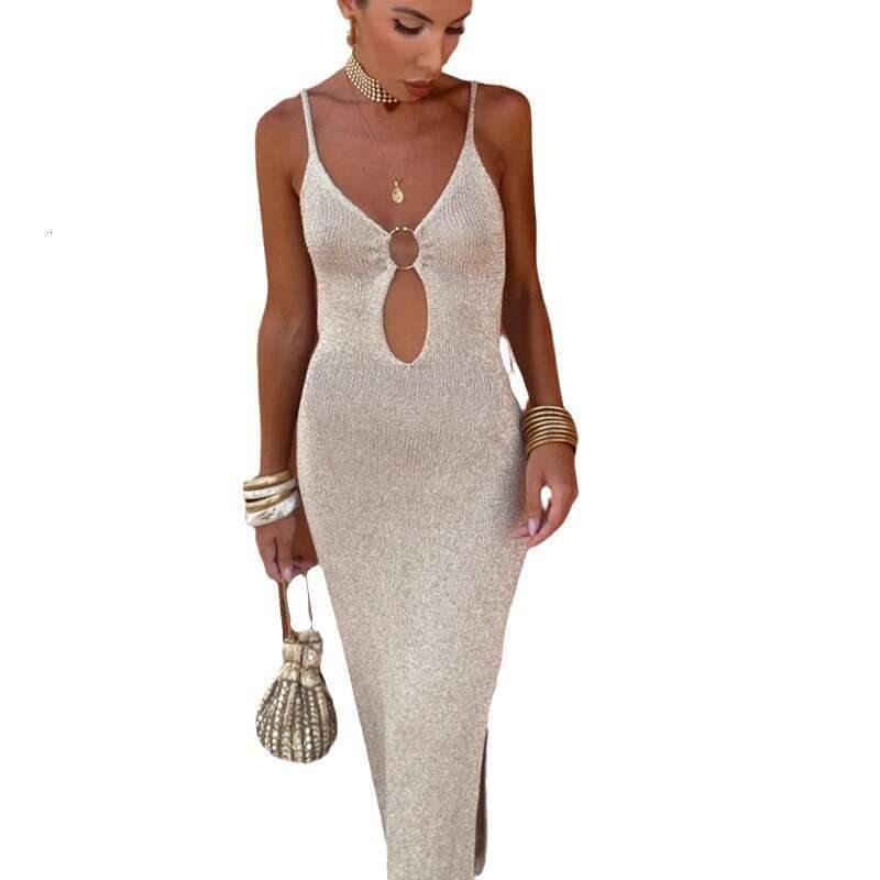 2024 spring/summer women's with elegant temperament, metal ring link hollow backless dress 8