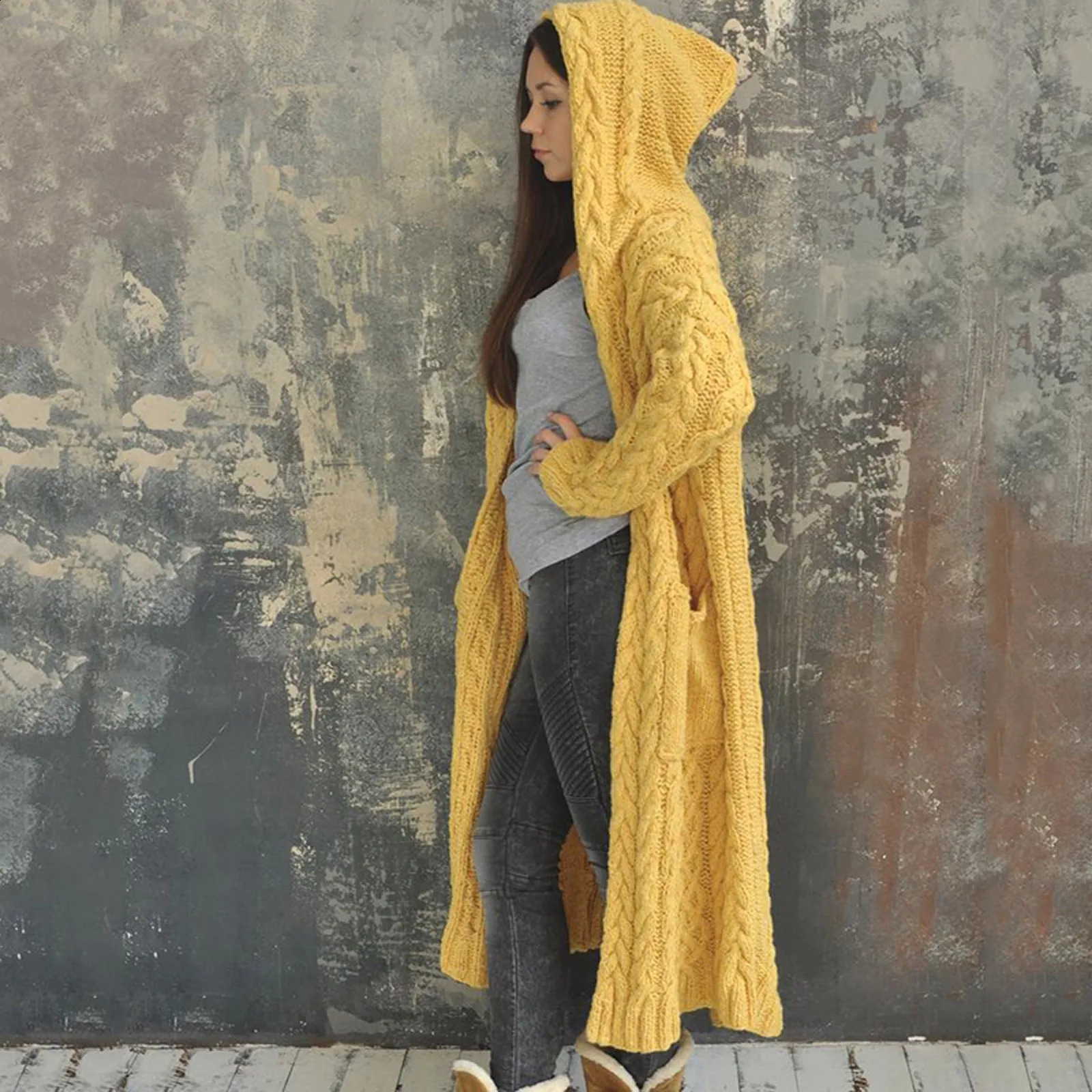 Thick warm red green long hooded cardigan jacket autumn winter soft comfortable knitted sweater 240906