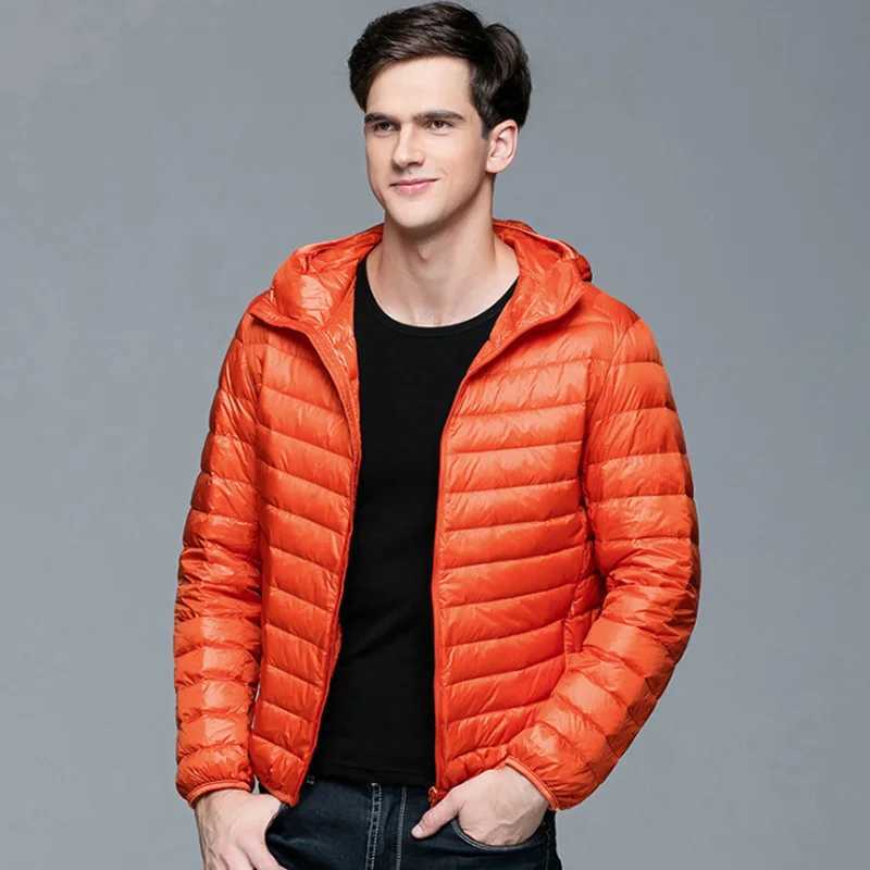 Mens fluffy winter coat fashionable hooded duck down jacket ultra light inflatable down jacket portable ultra-thin feather filled park 5XL 6XL W240906