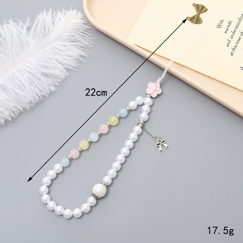 New pearl bow mixed bead mobile phone chain rope CCD camera keychain hanging accessory