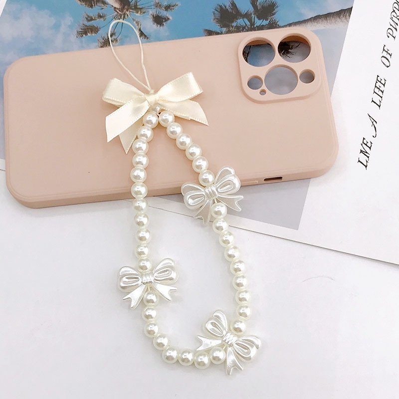 Yilian New Girl Heart Pearl Bow Hanging Rope Handmade Beaded Phone Chain Short USB Pendant for Women