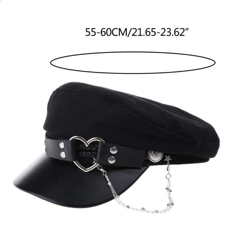 Lolita Girls Felt Beret Cap with Love Heart Buckle Belt Womens Fashion Tassel Chain Octagonal Hat Adult Party Role Playing Hat 240829