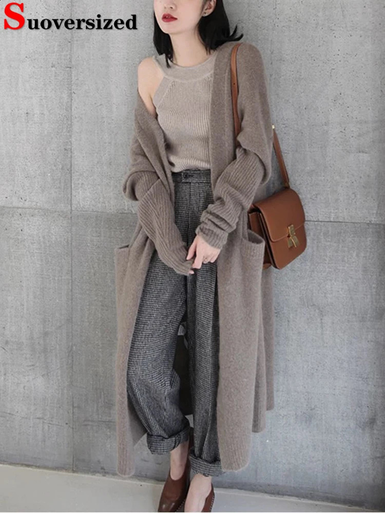 Womens elegant long cardigan Korean loose sweater sleeved knitted top winter thick casual jacket 240906