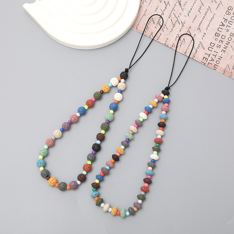 Creative new natural volcanic stone mobile short style colorful bead bracelet phone case hanging rope anti fall chain for women
