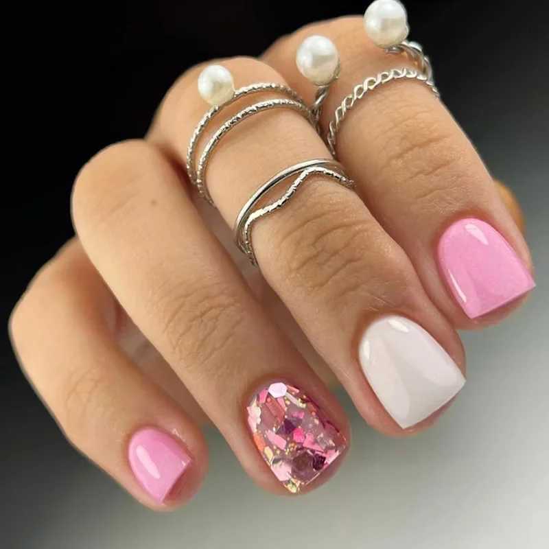 24 pieces of short and simple flower fake nails pressed onto wearable square fake nails W240905