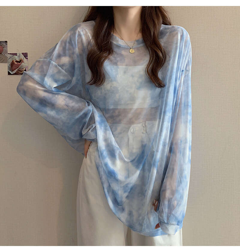 Mesh Sunscreen Clothing Summer New Leisure and Casual Printing Pullover Long sleeved Womens T-shirt Top Perspective