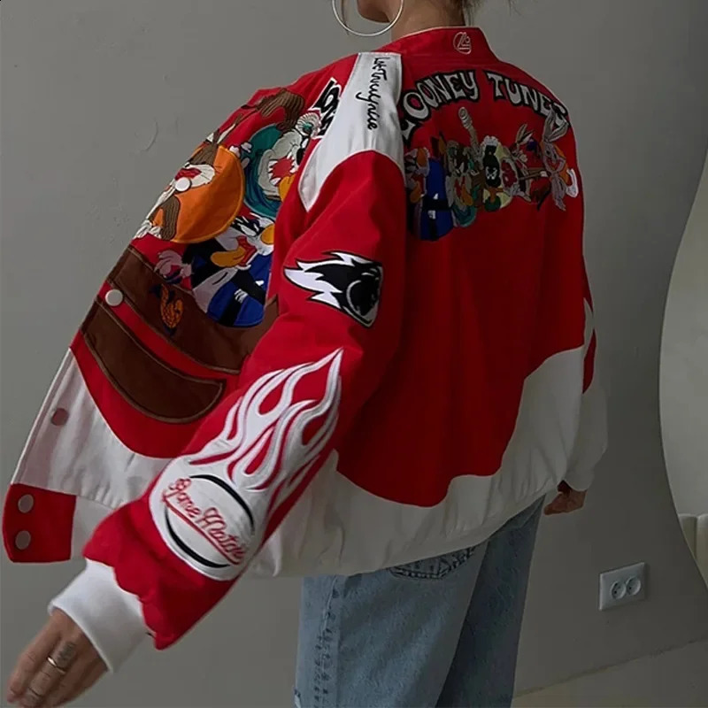 Europe Autumn and Winter Jacket Sports Style Red Printed Casual Loose Coat Women Jacket 240906