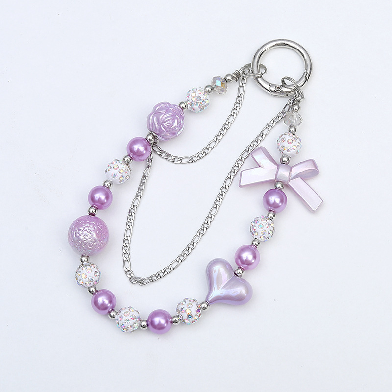 Creative new acrylic love bow double chain diamond ball mobile phone lanyard luggage keychain pendant