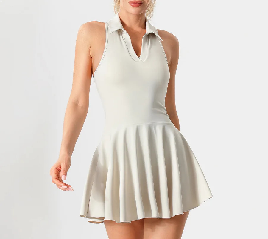 Women Polo Tennis Dress With Chest Pads Shorts Soft High Stretchy Fiess Skorts Tummy Control Yoga Skirts Gym Clothing 240902