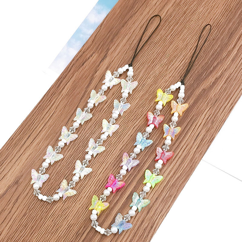 Yilian's new imitation pearl chain, colorful butterfly anti loss key rope, phone case accessories, hanging ornaments, female accessories