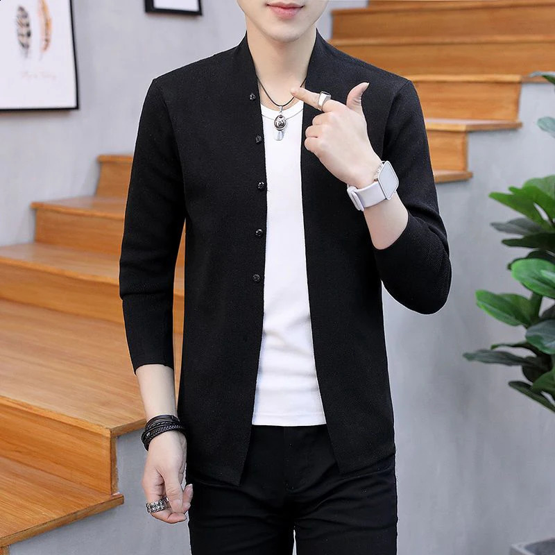 Autumn and Winter Mens Korean Fashion Solid Color Knitted Jacket Button Ultra Thin Open Sweater Top 240906