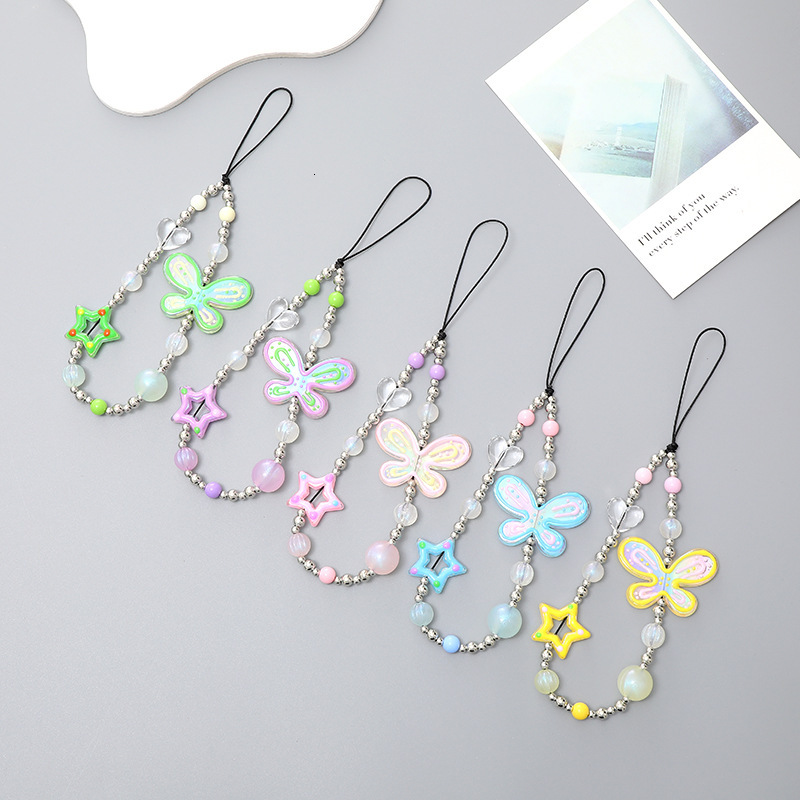 drawn Butterfly Chain Candy Color Phone Hanging Beaded Hand Rope Anti fall Wrist Strap Small Gift for Women