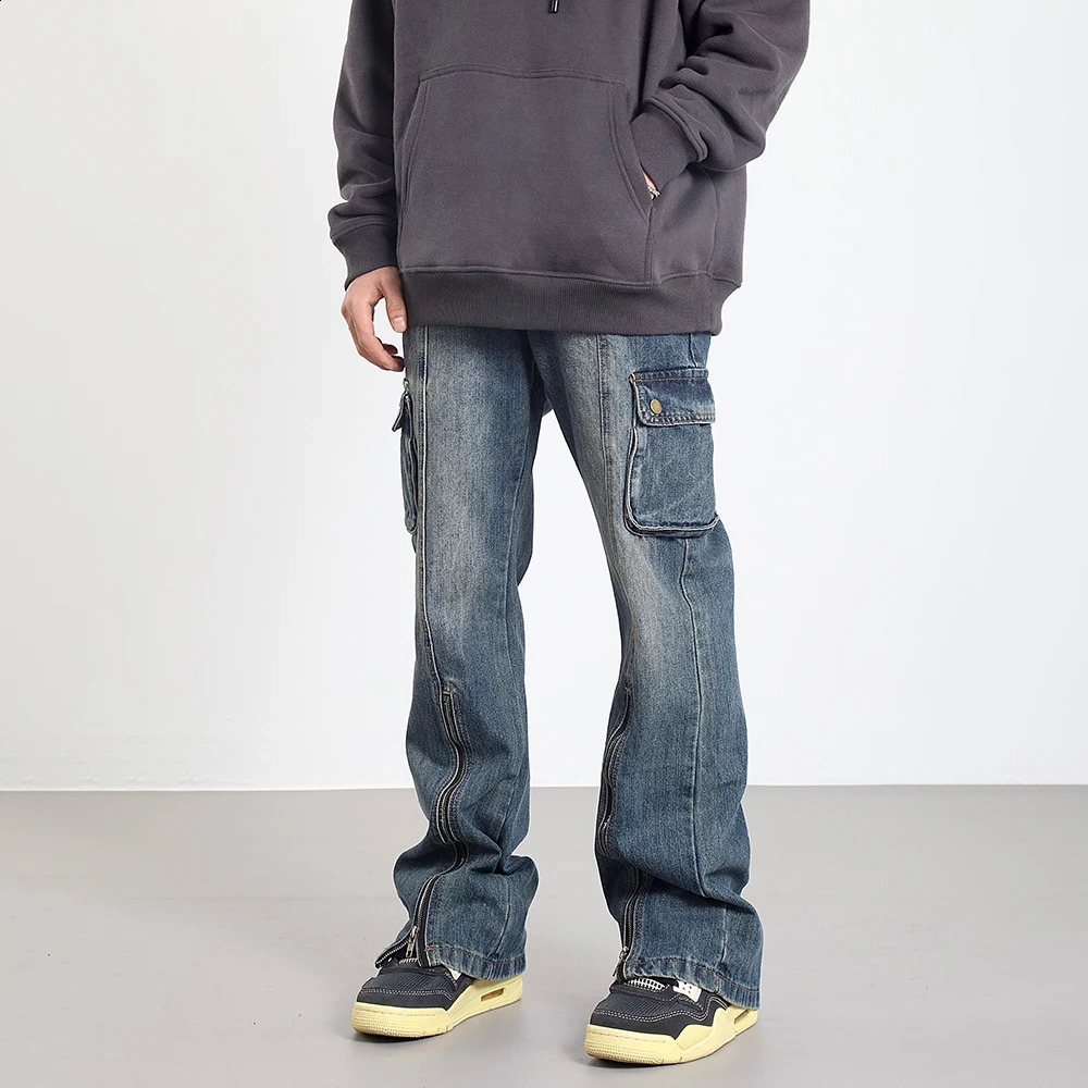 Commodity jeans mens large pocket straight leg bag street casual fashion autumn blue retro clothing winter 240904