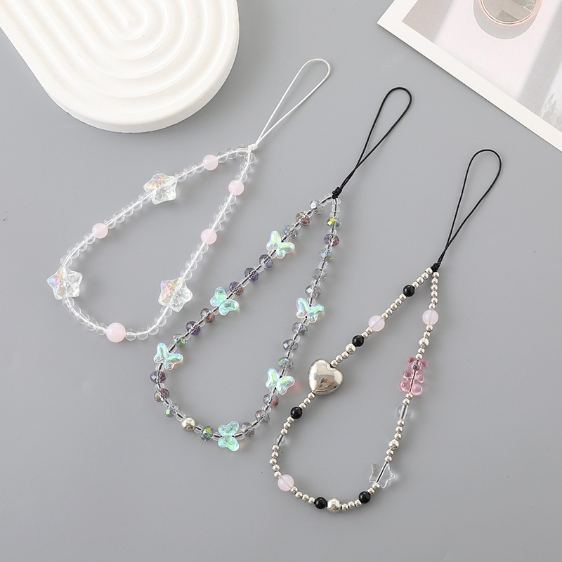 New Sweet Cool Style Crystal Bead Butterfly Phone CCD Camera Strap Love Spicy Girl Y2K Chain Pendant Female