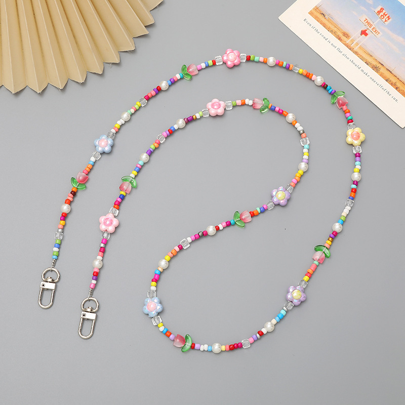 Yilian new colorful flower crossbody phone case rope five pointed star bead bag hanging decoration pendant shoulder strap chain