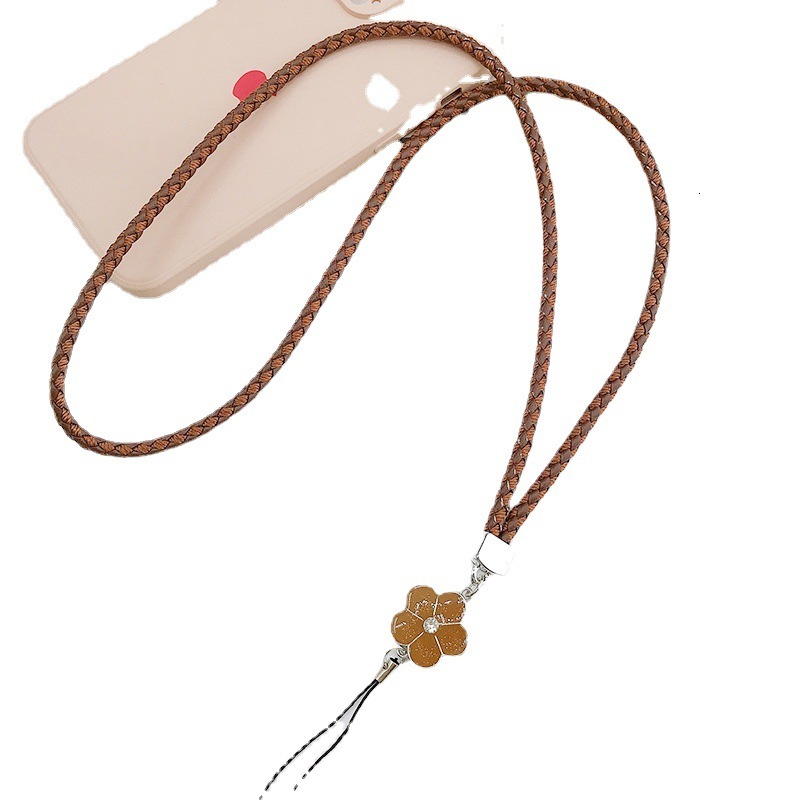 Yilian's new woven PU leather lanyard, plum blossom mountain camellia neck hanging, anti fall mobile phone chain for women