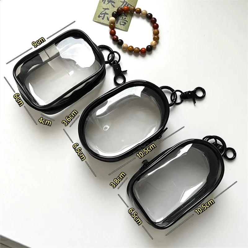 PT019,round black PVC transparent makeup jewelry organizer portable data cable headphones coin charger storage bag 240907