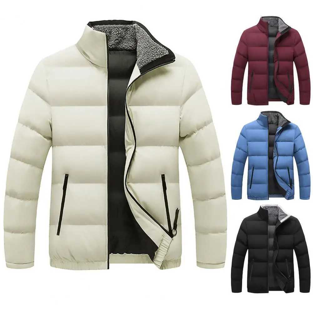 Winter mens outerwear solid color padded ultra thick jacket rack collar long sleeved jacket refrigerated pocket jacket suitable for daily wear W240906
