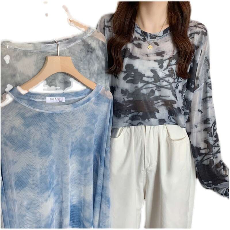 Mesh Sunscreen Clothing Summer New Leisure and Casual Printing Pullover Long sleeved Womens T-shirt Top Perspective